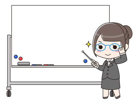 ホワイトボードの前に立つ得意気な女性　小物あり　