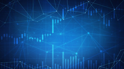Cryptocurrency stock chart on futuristic hud background with blockchain polygon peer to peer network. Global cryptocurrency business banner concept.