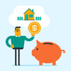 Young caucasian white man putting a dollar coin in a piggy bank for buying a house. Concept of saving money and money investment in real estate. Vector cartoon illustration. Square layout.