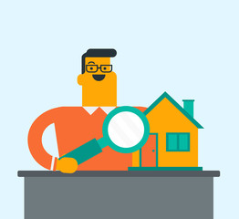 Young caucasian white smiling man looking for a new house in real estate market. Cheerful man using a magnifying glass to look closer at the house model. Vector cartoon illustration. Square layout.