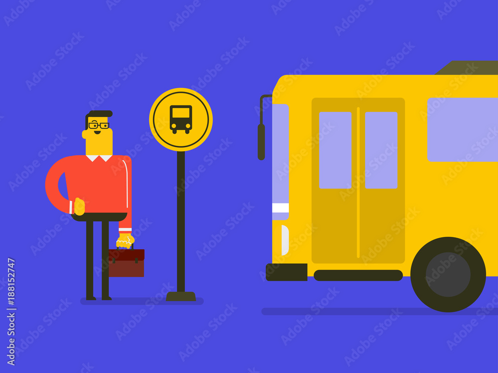 Poster Caucasian white businessman with a briefcase waiting for a bus at the bus stop. Young man is glad to the bus approaching the bus stop. Vector cartoon illustration.