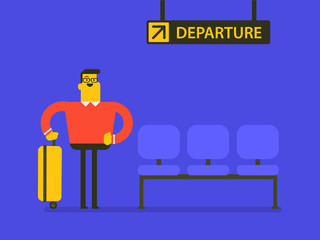 Young caucasian white man with his suitcase luggage waiting for the delay flight in departure lounge at the airport. Vector cartoon illustration.