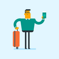 Full length of young happy caucasian white airplane passenger with suitcase waiting for a flight at the airport and holding a passport and a boarding pass. Vector cartoon illustration. Square layout.