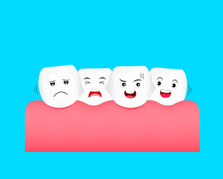 Crowding tooth, cartoon character. Dental problem concept, illustration. Isolated on blue background.