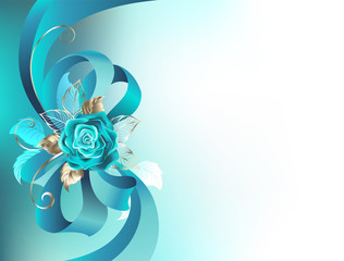 Silk bow with a turquoise rose - obrazy, fototapety, plakaty