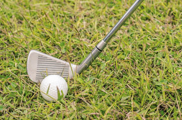 Golf balls and Wooden Driver on green grass in front of driver