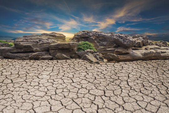 ground soil desert broken drought stone, landscape cloud and blue sky