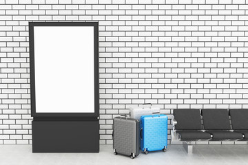 3d Blank billboard stand and travel suitcase. Mockup