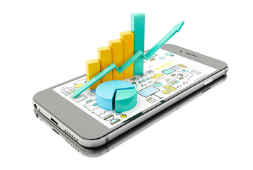 Obraz na płótnie Canvas 3d Bar graph and pie chart on Smartphone. Business concept.