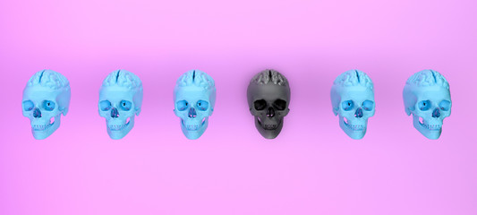 group of skulls on color background .Minimal concept idea.3d rendering. 3d illustration.