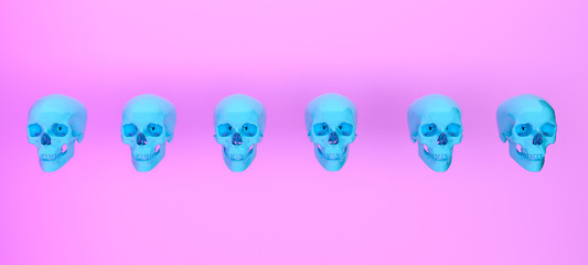 group of skulls on color background .Minimal concept idea.3d rendering. 3d illustration.