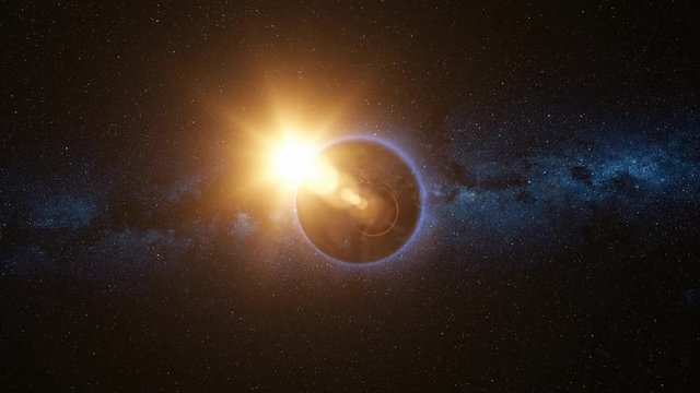 Realistic Earth, rotating in space against the background of the starry sky and the Sun. Seamless loop with day and night city lights. High detailed 4k, 3D Render. Elements of image furnished by NASA