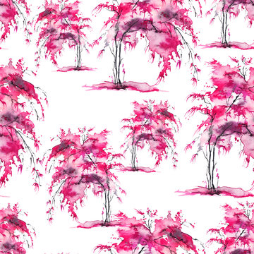 Watercolor seamless pattern, background with vintage pattern. Pink bush, tree, beautiful landscape in pink color. On a white background. Stylish fashion illustration.