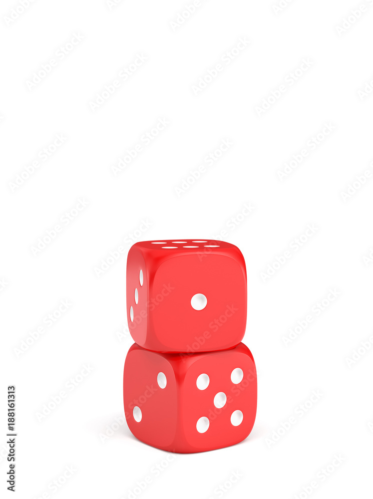 Poster 3d rendering of two red dice with white pips standing vertically on a white background.