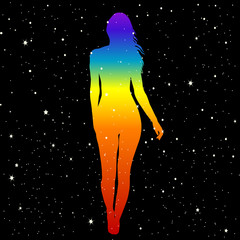 Silhouette of woman in rainbow colors showing position of human chakras