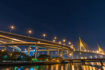 Bhumibol Bridge (Industrial Ring Road Bridge) in Bangkok ,Thailand with twilight background