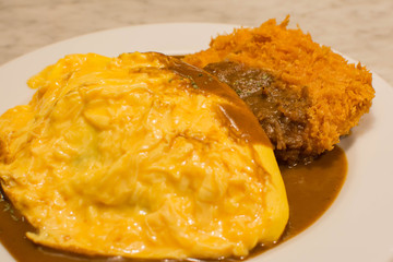 Japanese Food omelette and Curry and Tonkatsu