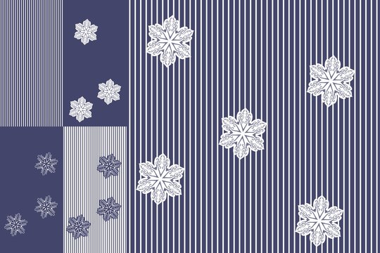 Set of striped patterns with snowflakes in blue and white tones. Vector vinter design.