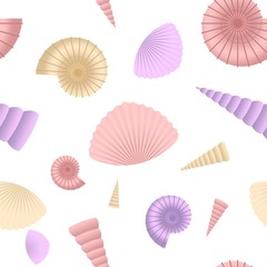 Seamless pattern with colorful seashells on white background.