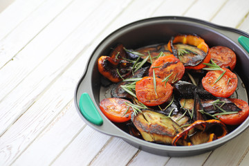 Vegetables grilled pan fried eggplant and tomatoes