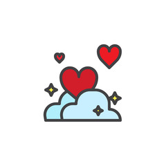 Love hearts in clouds filled outline icon, line vector sign, linear colorful pictogram isolated on white. Valentines day symbol, logo illustration. Pixel perfect vector graphics