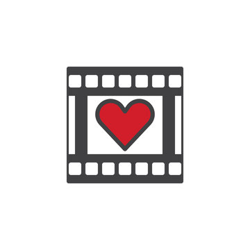 Photographic film with red heart filled outline icon, line vector sign, linear colorful pictogram isolated on white. Love and romance symbol, logo illustration. Pixel perfect vector graphics