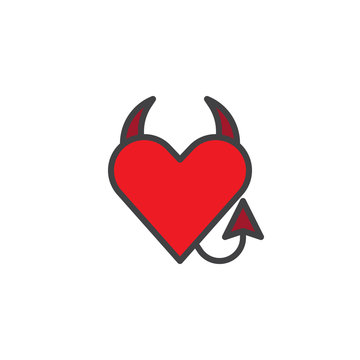 Demonic love red heart with horns and a tail filled outline icon, line vector sign, linear colorful pictogram isolated on white. Devil heart symbol, logo illustration. Pixel perfect vector graphics