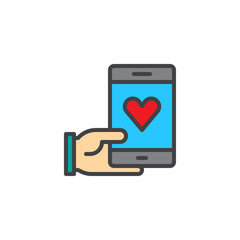 Hand holding phone with heart filled outline icon, line vector sign, linear colorful pictogram isolated on white. Sending love message symbol, logo illustration. Pixel perfect vector graphics
