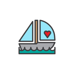 Romantic love boat filled outline icon, line vector sign, linear colorful pictogram isolated on white. Honeymoon trip symbol, logo illustration. Pixel perfect vector graphics