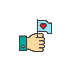 Hand hold flag with heart filled outline icon, line vector sign, linear colorful pictogram isolated on white. Love Valentines day symbol, logo illustration. Pixel perfect vector graphics