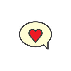 Valentines day speech bubble with red heart filled outline icon, line vector sign, linear colorful pictogram isolated on white. Love message symbol, logo illustration. Pixel perfect vector graphics