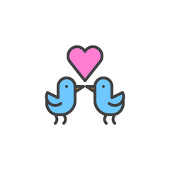 Love birds with heart filled outline icon, line vector sign, linear colorful pictogram isolated on white. Couple birds symbol, logo illustration. Pixel perfect vector graphics