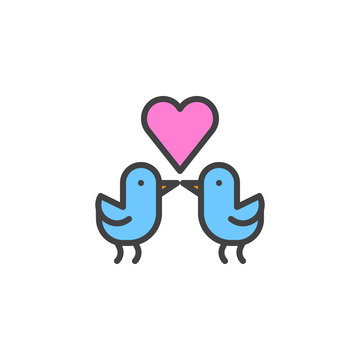 Love birds with heart filled outline icon, line vector sign, linear colorful pictogram isolated on white. Couple birds symbol, logo illustration. Pixel perfect vector graphics