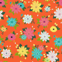 Cute Seamless Pattern with Flower and Leaves. 