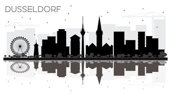 Dusseldorf Germany City Skyline Black and White Silhouette with Reflections.
