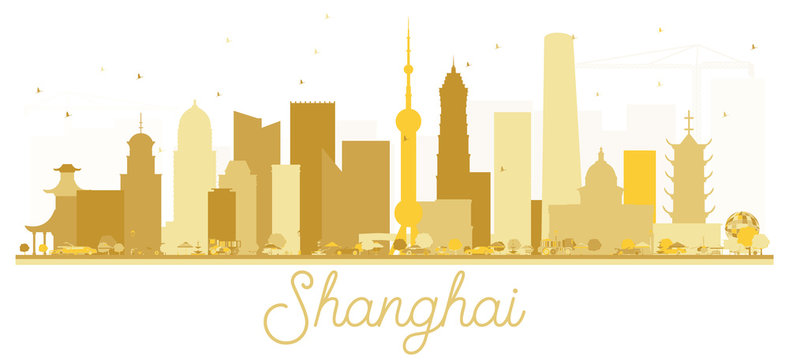Shanghai China City skyline golden silhouette.