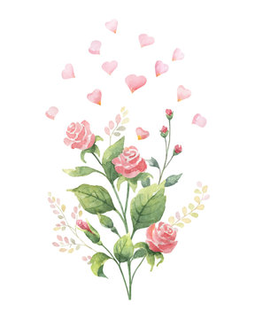Watercolor vector hand painted bouquet from green leaves, flowers roses and hearts.