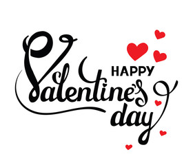 Happy Valentines day. Vector card with handwritten calligraphy text and red hearts on white background