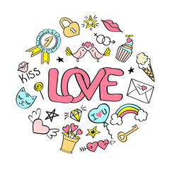 Love  lettering with girly doodles  for valentines day card design, girl's t-shirt print, posters. Hand drawn fancy comic slogan in cartoon style.