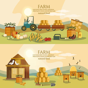 Farm agriculture landscape banner. Farmer products fresh farm vegetables natural food cartoon vector