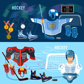 World ice hockey championship banner, players shoots the puck and attacks, signs and symbols. Hockey team, sport uniform