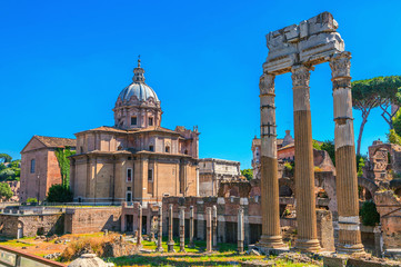 Fototapeta na wymiar Ruins of ancient civilization. Roman forum.