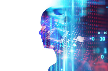 blue digital cyber skull and cpu  3d illustration