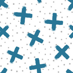 Obraz premium Abstract seamless pattern with crosses and round dots. Grunge, sketch, graffiti, watercolor, paint.
