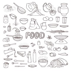 Vector black and white sketch collection set food products, beverages, kitchen utensils, various dishes and cutlery. Cooking pasta, pour olive oil and honey. Fresh vegetables, flour and grain in bag.