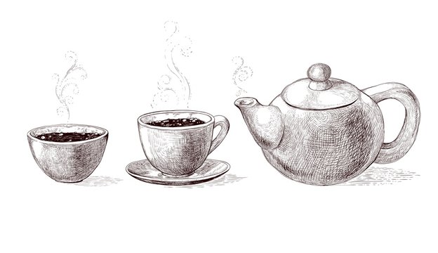Vector black and white sketch illustration of fresh brewed hot and flavored morning coffee and tea from teapot in cup. Drink with steam in bowl. Imitation vintage engraving.