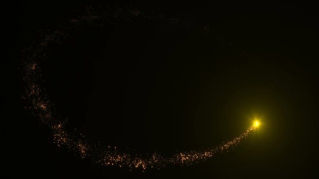 Flying comet with a tail of glittering star dust particles on a black background. 4K video for overlay in the blending mode of Screen. CGI animation of space comet.