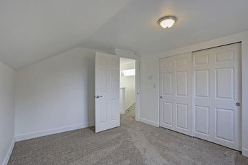 Empty bedroom interior with vaulted ceiling on the upper floor.
