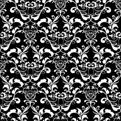 Baroque black and white vector seamless pattern. Isolated texture. Vintage floral background wallpaper with damask flowers, scroll leaves, swirls and antique ornaments in baroque style. Luxury design.