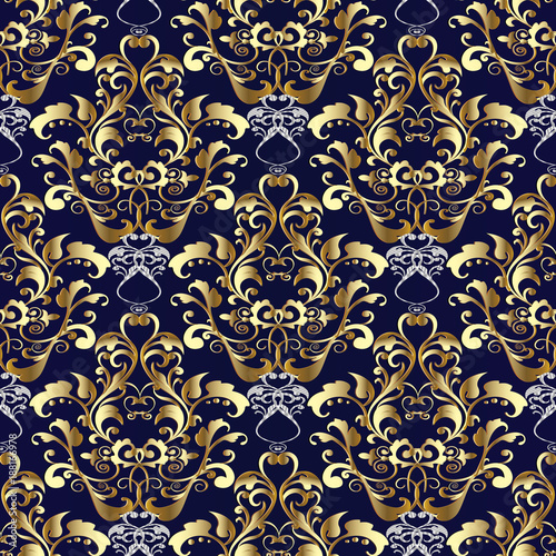 "Damask gold silver vector seamless pattern. Vintage floral background